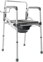 VMS Deluxe 3 in 1 Folding Bedside Commode with Handles and Elongated Seat, Aluminum | Adjustable Seat Height with Splash Guard | Portable Toilet for Seniors and Medical Home Care