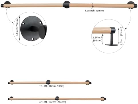 6 FT Wooden Stairs Handrails Wall Mount- Metal Support Wood Staircase Handrails, Interior Stair Railings, Banister Hand Railing, Outdoor Grab Bars Safety Handle for Elderly or Handicap