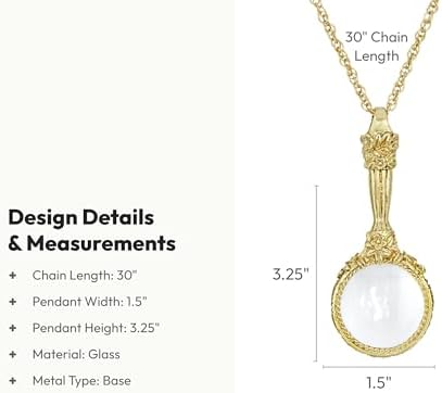 1928 Jewelry Romantic Interlude Magnifying Glass Pendant Necklace For Women 30 Inch Long - Magnification Power: 4-5X, Multifunctional Magnifier Perfect For Reading Menus, Labels, Books, Made In USA