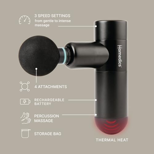 Homedics Therapist Select Compact Percussion Massager, 4 Attachments, Thermal Heat, Rechargeable Battery with 4-Hour Runtime, 3 Intensity Levels, Cordless for Travel