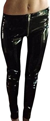 SEMATOMALA Women's Latex Zipper Crotch Leggings Sexy PVC Faux Leather Shiny Wet Look Black Red Tight Lingerie Pants