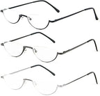 REAVEE 3 Pack Retro Designer Alloy Half Moon Reading Glasses for Women Men Half Frame Spring Hinge Stylish Slim Reader with Pouch, Black Grey and Silver, 2.25
