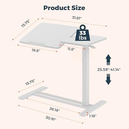 Adjustable Overbed Bedside Table with Wheels, Pneumatic Tilting Desktop Mobile Standing Desk, Rolling Laptop Desk for Bed, Sofa, or Hospital Use, (31.6" W x 15.7" D, White)