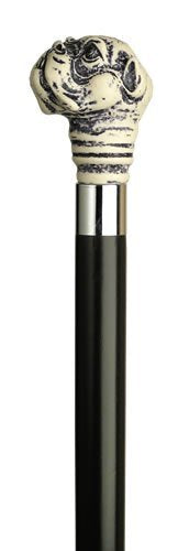 Walking Cane - Simulated antique scrimshaw Bulldog head handle-made of polymer resin. Handle is set on 1" diameter hardwood shaft which tapers to 3/4". The shaft is 36" long with rubber tip. The shaft is available in walnut or black.