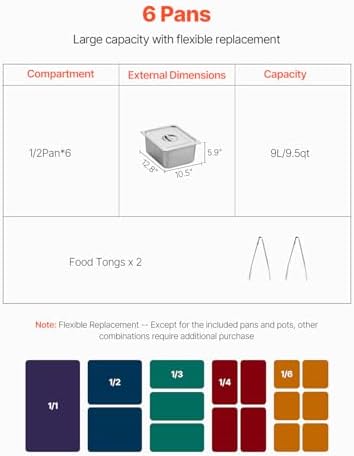 VEVOR 6-Pan Commercial Food Warmer, 6 x 1/2 Pans Electric Steam Table, 1500W Professional Buffet Catering Food Warmer with Shield Undershelf Wheels, Stainless Steel Server for Party Restaurant