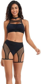 Women‘s Rave Outfits Set: Cutout Fishnet Lingerie Top High Waisted Dance Shorts for Festival Party