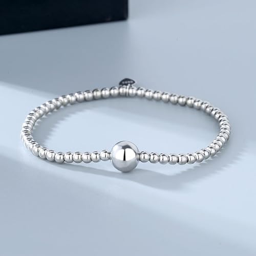 925 Sterling Silver Handmade Strand Chain Bracelet 4mm Bead Ball Stretch Bracelets for Women Silver Jewelry Gift