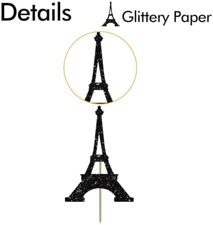 24PCS Eiffel Tower Cupcake Toppers, Wedding Party Decor, Bridal Shower Dessert Cupcake Toppers, Paris Themed Birthday Party Decoration - Black Glitter