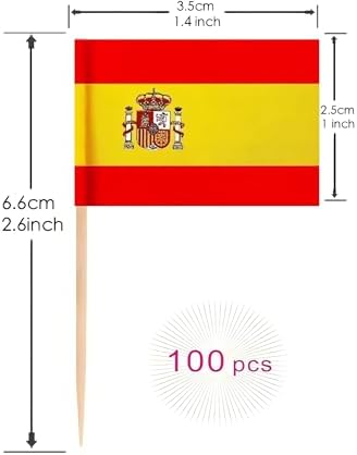 100 Pcs Spain Flag Spanish Toothpick Flags, Cocktail Picks Mini Stick Cupcake Toppers Country Picks Party Decoration Celebration Cocktail Food Bar Cake Flags