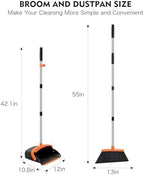 Broom and Dustpan Set, 55-in Long Adjustable Handle Broom with Dustpan Combo Set with Dustpans Teeth to Automatically Clean Hair Suitable for Home Kitchen Office Hall Lobby, Large(Black&Orange)
