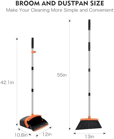 Broom and Dustpan Set, 55-in Long Adjustable Handle Broom with Dustpan Combo Set with Dustpans Teeth to Automatically Clean Hair Suitable for Home Kitchen Office Hall Lobby, Large(Black&Orange)