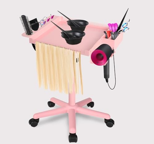 Extension Salon Tray Hair Extension Cart Tray Pink Multi-Function Extensions Rolling Tray with Blow Dryer Holder and Storage Platform