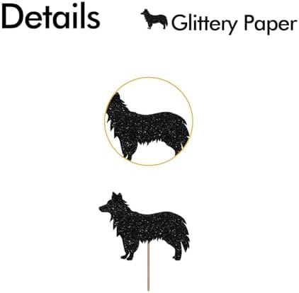 24PCS Border Collie Cupcake Toppers, Funny Dog Cupcake Toppers, Border Collie Cupcake Picks for Birthday, Pet Dog Themed Birthday Party Decoration - Black Glitter