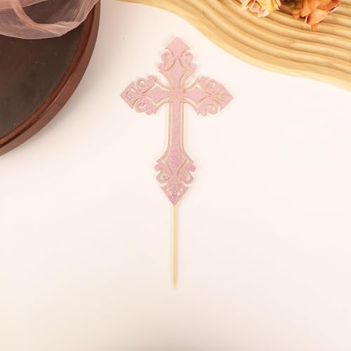 Cross Cake Topper - Glitter Pink Baptism Cake Decor for Baby Shower, God Bless or Holy Communion (Pink)