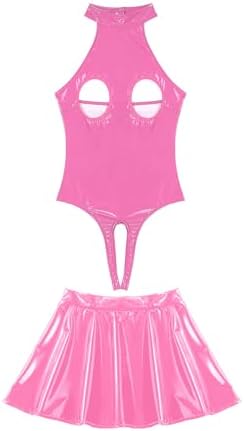 Women Pu Leather Lingerie Outfits Chest Hollow Out Bodysuit with Miniskirt for Clubwear