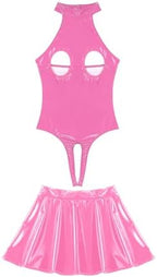 Women Pu Leather Lingerie Outfits Chest Hollow Out Bodysuit with Miniskirt for Clubwear