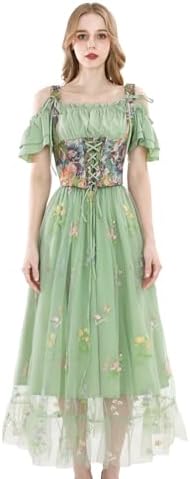 NSPSTT Renaissance Dress Women Victorian Fairy Costume Flowy Floral Dresses Medieval Corset Outfit 2 Pieces