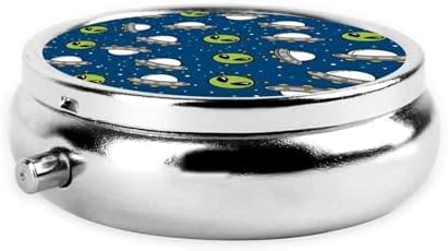 Purse Pill Organizer, Space Alien and UFO Head Cute Round Box, Compact Case for Vitamins, Travel Dispenser Pocket Carry for Her