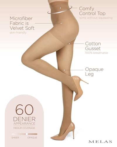 Melas Control Top Tights, 60 Denier, Opaque, Nylon, Spandex, Tummy Control Womens Tights- Sizes Small - Q2