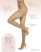 Melas Control Top Tights, 60 Denier, Opaque, Nylon, Spandex, Tummy Control Womens Tights- Sizes Small - Q2