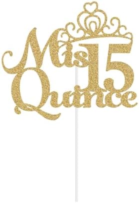 Mis Quince 15 Cake Topper, Feliz 15 Anos Birthday Cake Topper, Happy 15th Birthday Party Decorations Gold Glitter