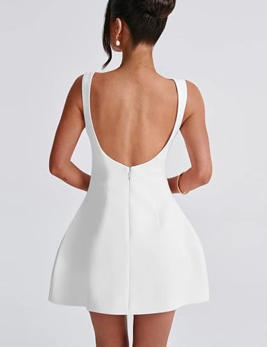 YMDUCH Women's Sexy Sleeveless Crew Neck Backless A-line Party Short Mini Dress