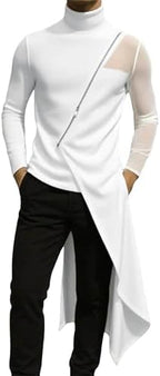 Men Asymmetrical Long Side Split Long Sleeve T-Shirt Vintage Streetwear Gothic Tops Stretch Casual Shirts Clothes