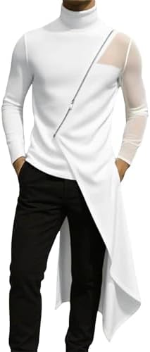 Men Asymmetrical Long Side Split Long Sleeve T-Shirt Vintage Streetwear Gothic Tops Stretch Casual Shirts Clothes