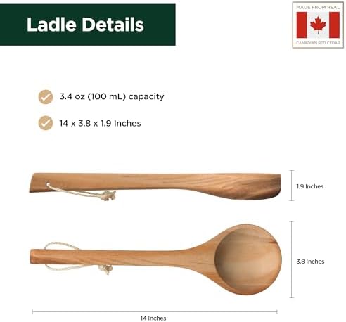 Northwood Sauna - Sauna Ladle - Handmade from Canadian Red Cedar Wood - Natural Rope - 14″ Handle & 3.4 oz (100 mL) Capacity Spoon