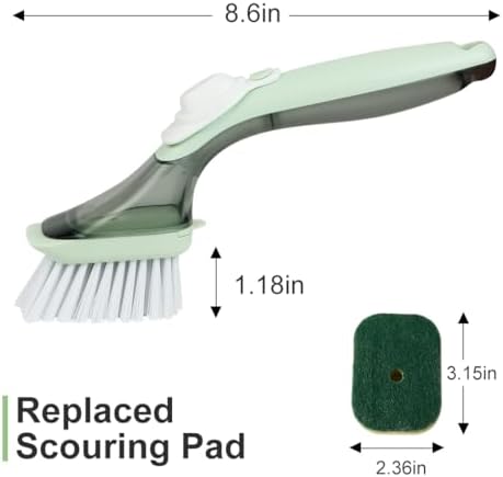 CQT Soap Dispensing Dish Brush Storage Set, Dish Scrubber with Handle, Kitchen Washing Brush for Pot Pan Sink Cleaning, Kitchen Brush with Holder and 1 Replaced Scouring Pad Head