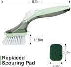CQT Soap Dispensing Dish Brush Storage Set, Dish Scrubber with Handle, Kitchen Washing Brush for Pot Pan Sink Cleaning, Kitchen Brush with Holder and 1 Replaced Scouring Pad Head