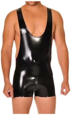 Latex Clothing Men Black Latex Catsuit Rubber Jumpsuit Tank Vest with Crotch Zipper