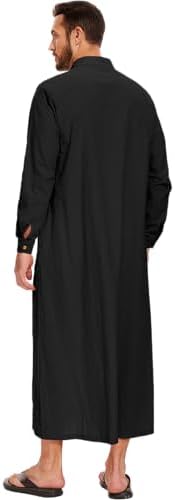 LVCBL Thobe for Men Long Sleeve Kaftan Muslim Thobe Button Down Long Gown Caftan with Pockets
