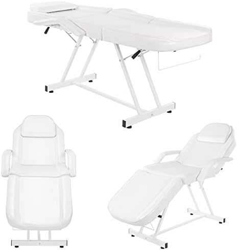 OmySalon Massage Salon Tattoo Chair Esthetician Bed with Hydraulic Stool,Multi-Purpose 3-Section Facial Bed Table, Adjustable Beauty Barber Spa Beauty Equipment, White