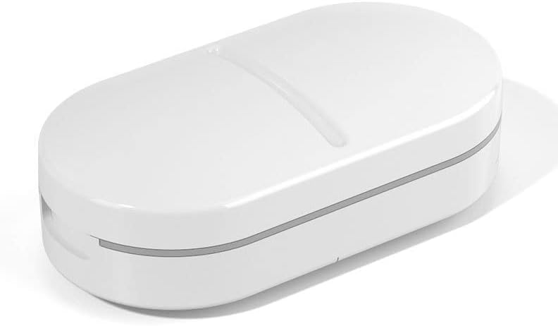 Small Size Daily Pill Organizer, Pill Cutter, Portable Pill Splitter 2-in-1 Pill Case，Travel Mini Medicine Dispenser Box, 2 Compartment Capsule Calcium Tablet Fish Oil Storage Reminder, White