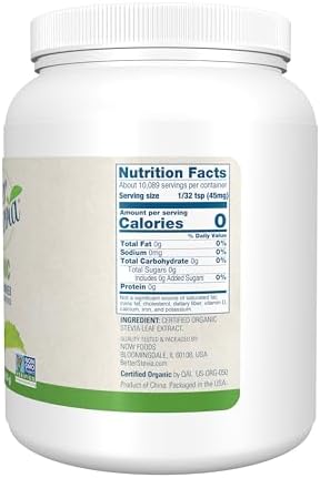 NOW Foods BetterStevia Organic Zero-Calorie Extract Powder, Keto Friendly, Suitable for Diabetics, No Erythritol, 1 Pound