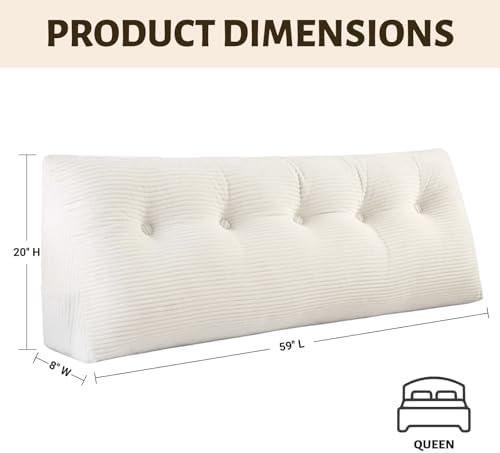 Wedge Reading Pillow Headboard Queen Size, Headboard Bolster Pillow for Bed, Triangular Backrest Cushion with Removable Corduroy Cover, White