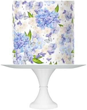 Floral Hydrangea Print Edible Cake Topper Icing Sheet, 8x10 inches, Blue and White baby in bloom flowers garden, blue floral design cake wrap.
