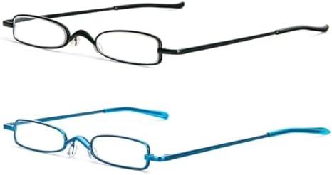 MMOWW Small Reading Glasses Men Women 2 Pairs Slim Pocket Readers with Pen Clip Metal Case Spring Hinge (Black+Blue,2.0)