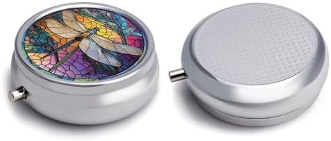 Transparent 3-Compartment Medicine Pill Case, Portable Round Pill Box for Pocket or Purse, Decorative Metal Medicine Vitamin Organizer. (Dragonfly)
