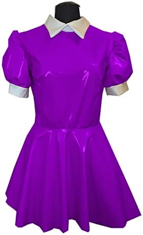 PVC Mini Dress Turtleneck PU A line Dress Faux Leather Turn-Down Collar Dress,Rose Purple,5XL