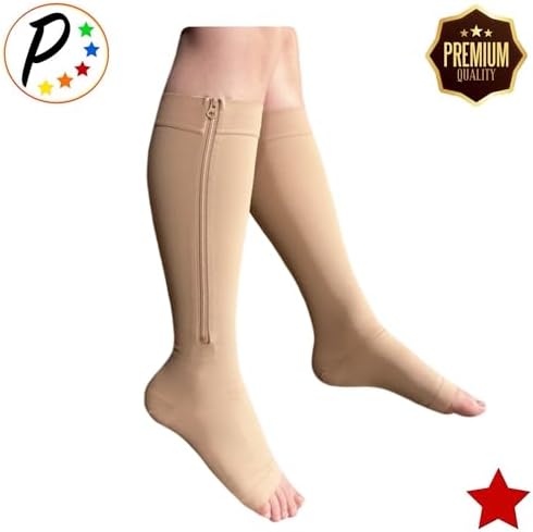 Presadee Premium 20-30 mmHg Firm Compression Swelling Pain Zipper Open Toe Sock (Beige, 2X-Large)