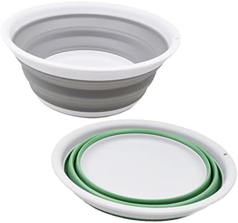 SAMMART 5.5L Set of 2 Collapsible Tub - Foldable Dish Tub - Portable Washing Basin - Space Saving Plastic Washtub (Grey + Dark Sea Green)