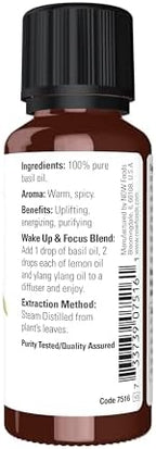NOW Essential Oils, Basil Oil, Energizing Aromatherapy Scent, Stream Distilled, 100% Pure, Vegan, Child Resistant Cap, 1-Ounce
