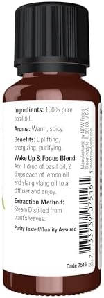 NOW Essential Oils, Basil Oil, Energizing Aromatherapy Scent, Stream Distilled, 100% Pure, Vegan, Child Resistant Cap, 1-Ounce