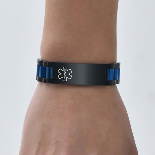 Medical ID Bracelet for Men: Free Engraving Black Masculine Watch Band Style Medical Alert Wristband Personalized Medic ID Bracelet Jewelry for Men