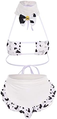 FYMNSI Women Sexy Milk Cow Lingerie Set Anime Maid Cosplay Costume Mini Bikini Bra Bodysuit with Bell Choker Stockings Outfit