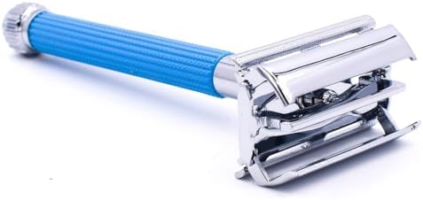 Parker 29L Blue, Long Handle Butterfly Open Double Edge Safety Razor for Men & Women, 5 Parker Premium Platinum Double Edge Razor Blades Included