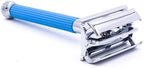 Parker 29L Blue, Long Handle Butterfly Open Double Edge Safety Razor for Men & Women, 5 Parker Premium Platinum Double Edge Razor Blades Included
