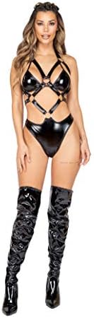 Roma Costume womens Wet Look Holster Romper With Ring Detail Lingerie, Black, Small US